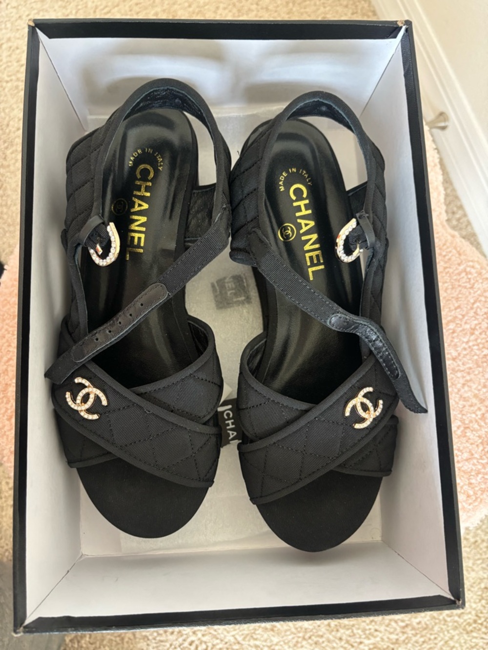CHANEL Black Quilted Platform Sandals with Gold CC Hardware - Picture 6 of 12